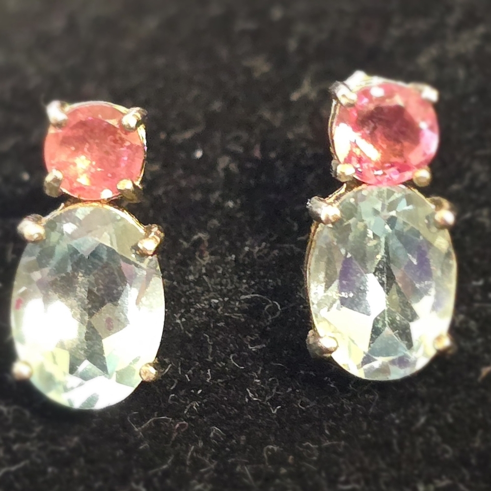 Elegant Sterling Silver Pink Tourmaline With Green Amethyst Stud Earrings.